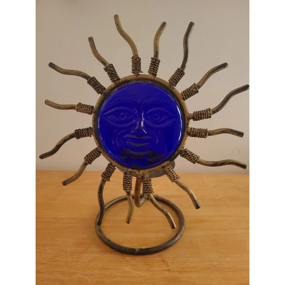 Cobalt Blue Glass Metal Celestial Candle Holder Brass Finish  11